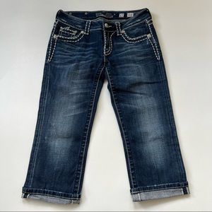 Miss Me Cropped Jeans Embroidered Contrast Thread Dark Wash Size 27